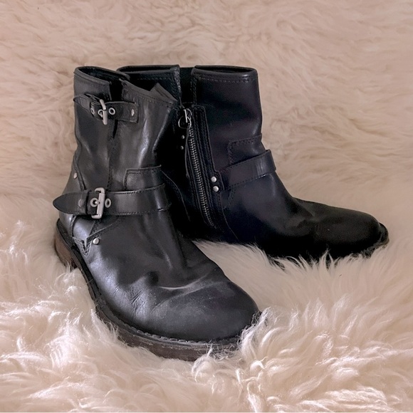 UGG Black Leather Double Buckle Combat Moto Side-Zip Ankle Boots - Picture 1 of 8